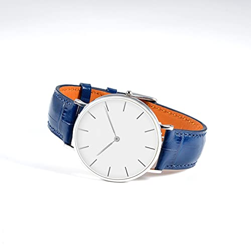 WOCCI 22mm Correa Reloj Piel para Hombre y Mujer, Grano de Cocodrilo en Relieve, Hebilla Plateada (Azul Marino)