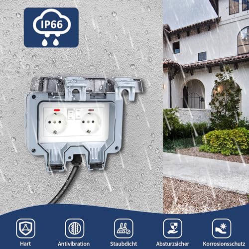 WOCVRYY Toma Estanca IP66 Toma de Corriente para Exteriores Enchufe Estanco con Conector de Cable,Boble Interruptory Tapa Abatible Adecuado para Cocinas, Jardines,Talleres,Sótanos,Baños, Bodegas, etc.