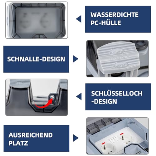 WOCVRYY Toma Estanca IP66 Toma de Corriente para Exteriores Enchufe Estanco con Conector de Cable,Boble Interruptory Tapa Abatible Adecuado para Cocinas, Jardines,Talleres,Sótanos,Baños, Bodegas, etc.