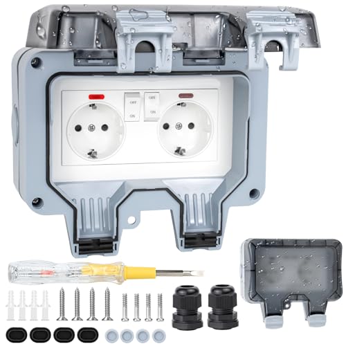 WOCVRYY Toma Estanca IP66 Toma de Corriente para Exteriores Enchufe Estanco con Conector de Cable,Boble Interruptory Tapa Abatible Adecuado para Cocinas, Jardines,Talleres,Sótanos,Baños, Bodegas, etc.