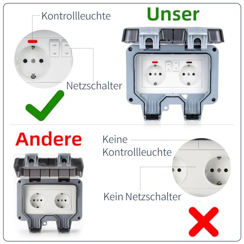 WOCVRYY Toma Estanca IP66 Toma de Corriente para Exteriores Enchufe Estanco con Conector de Cable,Boble Interruptory Tapa Abatible Adecuado para Cocinas, Jardines,Talleres,Sótanos,Baños, Bodegas, etc.