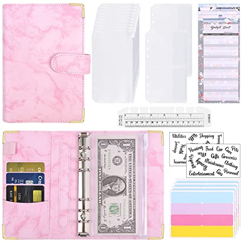 WolinTek Carpeta de Cuaderno A6,Organizador de Dinero Carpeta A6,Cubierta de Hojas Sueltas de Cuero de PU con 12 Bolsas Transparente, Clasificador de presupuesto para Guardar Tarjetas (Rosa)