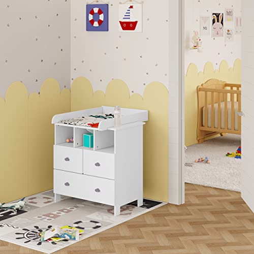 WOLTU Cambiador Bebe con 3 Cajones y 3 Compartimentos Abiertos, Comoda Cajonera con Accesorio Cambiador para Bebés para Dormitorio, Salón y Habitación Infantil, blanco, 80x48x82cm