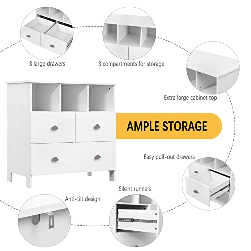 WOLTU Cambiador Bebe con 3 Cajones y 3 Compartimentos Abiertos, Comoda Cajonera con Accesorio Cambiador para Bebés para Dormitorio, Salón y Habitación Infantil, blanco, 80x48x82cm