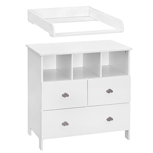 WOLTU Cambiador Bebe con 3 Cajones y 3 Compartimentos Abiertos, Comoda Cajonera con Accesorio Cambiador para Bebés para Dormitorio, Salón y Habitación Infantil, blanco, 80x48x82cm