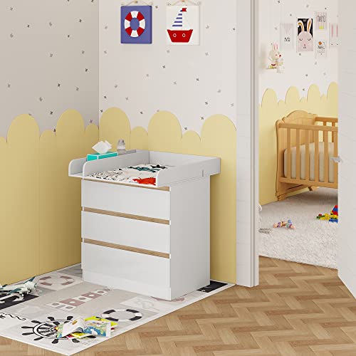 WOLTU Cambiador Bebé Madera con 3 Cajones Grandes Cambiador Pañales Mueble para Niños Gran Almacenamiento Cambiador Fácil Limpieza Blanco 80x78x48cm