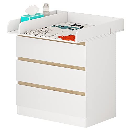 WOLTU Cambiador Bebé Madera con 3 Cajones Grandes Cambiador Pañales Mueble para Niños Gran Almacenamiento Cambiador Fácil Limpieza Blanco 80x78x48cm