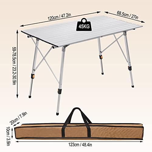 WOLTU CPT8132sb - Mesa de Camping Plegable de Aluminio, Mesa de Viaje Ajustable en Altura 120 x 68,5 cm