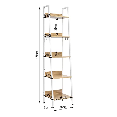 WOLTU Escalera Estantería Blanca de Estilo Industrial, Estantería Almacenaje de Madera y Metal con 4 Ganchos Extraíbles, Librería de 5 Niveles para Salón, 40x36x170 cm RGB9289whe