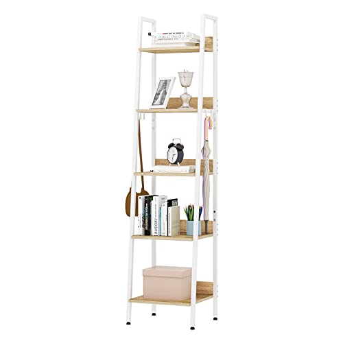 WOLTU Escalera Estantería Blanca de Estilo Industrial, Estantería Almacenaje de Madera y Metal con 4 Ganchos Extraíbles, Librería de 5 Niveles para Salón, 40x36x170 cm RGB9289whe