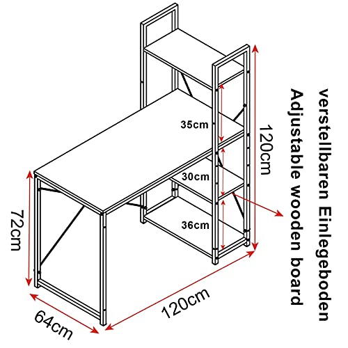 WOLTU Escritorio Industrial Escritorio de Computadora Muebles de Oficina Mesa de PC Mesa de Trabajo de Madera y Acero, con 4 Estante, Aprox.120x64x120cm Roble/Negro TSB01hei