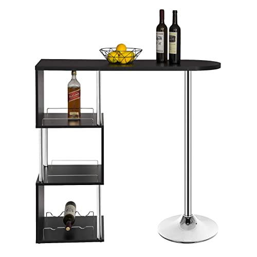 WOLTU Mesa de Bar Mesa de Bistro Mesa de Comedor con Tres Rejillas Estructuras para Vino, Metal, MDF 113x40x105cm(BxTxH) Negro BT22sz