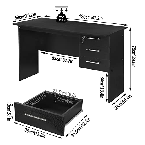 WOLTU Mesa de Ordenador Mesa de Oficina Mesa de PC Escritorio con 3 Cajones Madera 120x59x75cm Negro TS59sz