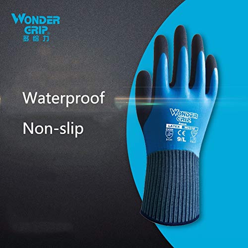 Wonder Grip WG-318 Aqua - Guante de trabajo Nylon y latex gloves, impermeables para un maximo agarre, hombre y mujer, jardineria talla M/ 8 azul con negro