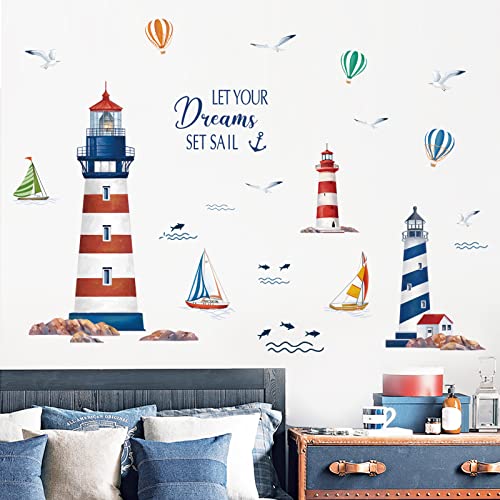 wondever Pegatinas de Pared Faro Náutico Adhesivos Pared Decorativos Velero Gaviota Vinilos Pared para Habitación Bebés Dormitorio Salón