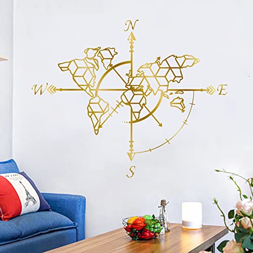 wondever Pegatinas de Pared Mapa del Mundo Dorado Adhesivos Pared Decorativos Brújula Náutica Vinilos Pared para Salón Oficina Sofá Fondo