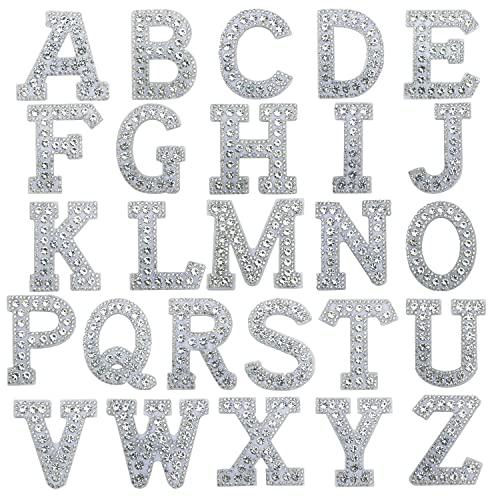 Woohome Patch Sticker Parches de Plancha de Letras, Apliques de Letras Diamantes de Imitación A-Z Parche Termoadhesivo para Ropa, Mochila, Gorras, Falda, Blanco