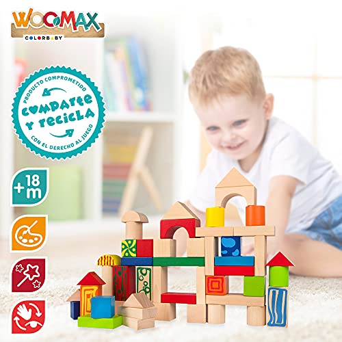 WOOMAX 40994 - Bloques construcción de madera, Rompecabezas para niños, Inlcuye 50 piezas, Juguete eductivo, Montessori, Juegos de construcción, A partir de 18 meses, Juguetes y regalos infantiles