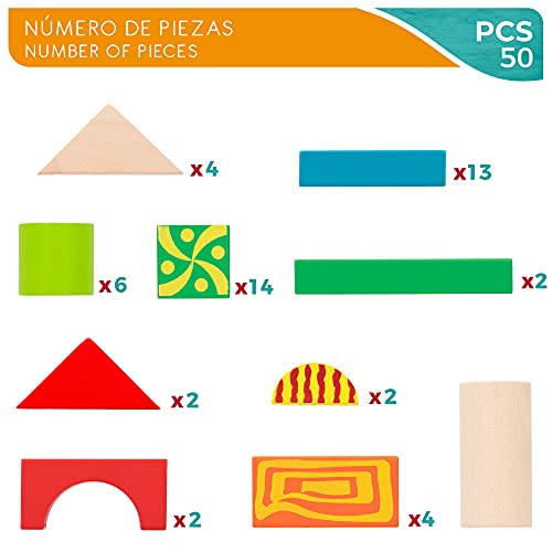 WOOMAX 40994 - Bloques construcción de madera, Rompecabezas para niños, Inlcuye 50 piezas, Juguete eductivo, Montessori, Juegos de construcción, A partir de 18 meses, Juguetes y regalos infantiles