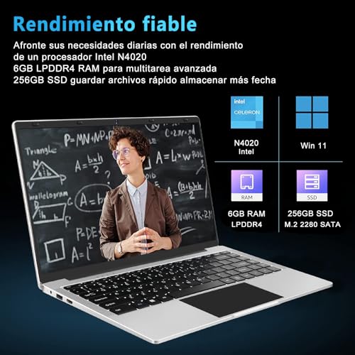 WOZIFAN Ordenador Portátil 14" Win 11 256GB SSD Soporte 1TB SSD Expansión portatil 2.4G+5G WiFi Bluetooth 4.2 USB HDMI 1920x1080 FHD con Ratón Inalámbrico y Teclado Español Membrana - Plata