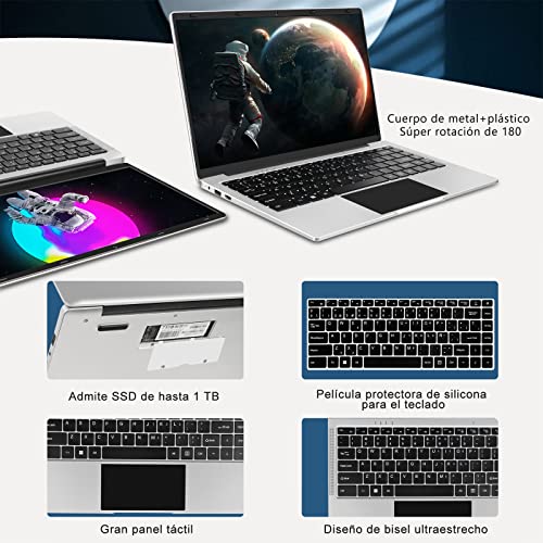 WOZIFAN Ordenador Portátil 14" Win 11 256GB SSD Soporte 1TB SSD Expansión portatil 2.4G+5G WiFi Bluetooth 4.2 USB HDMI 1920x1080 FHD con Ratón Inalámbrico y Teclado Español Membrana - Plata