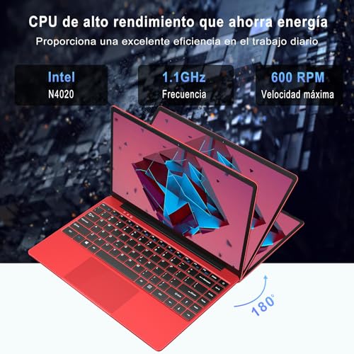 WOZIFAN Ordenador Portátil Win 11 256GB SSD Intel N4020(hasta 2.8Ghz) 14" PC 1920x1080 FHD Dual WiFi BT 4.2 Soporta 1TB SSD Expansión con Ratón Inalámbrico para Trabajo-Estudio-Aprendizaje-Rojo