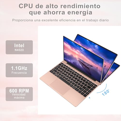 WOZIFAN Ordenador Portátil Win11 Intel N4020 Up to 2.8Ghz 256GB SSD Admite expansión 1TB 14" portatiles 2.4G+5G WiFi Bluetooth 4.2 Mini HDMI con ratón inalambrico & EspañolProtector de Teclado-Oro