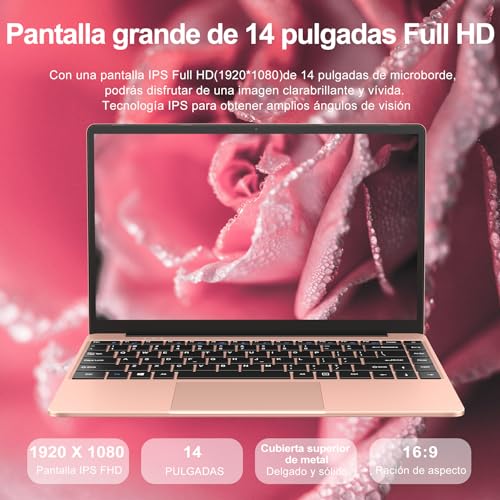 WOZIFAN Ordenador Portátil Win11 Intel N4020 Up to 2.8Ghz 256GB SSD Admite expansión 1TB 14" portatiles 2.4G+5G WiFi Bluetooth 4.2 Mini HDMI con ratón inalambrico & EspañolProtector de Teclado-Oro