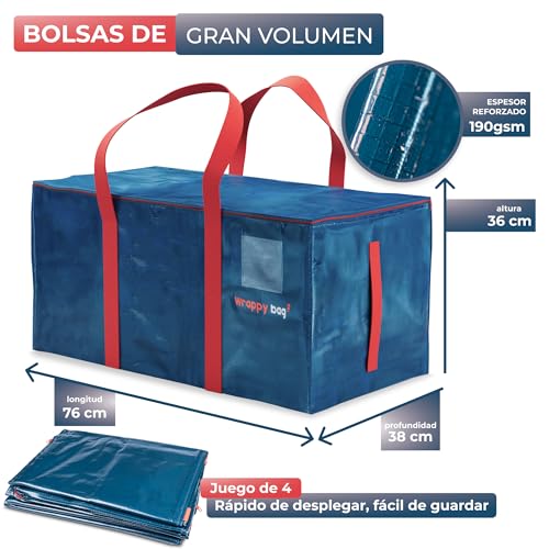 WRAPPYBAG lote de 4 bolsas grandes de almacenamiento de plástico - Bolsas XXL para mudanzas y viajes - Resistentes, gruesas e impermeables con asas reforzadas - Para ropa y ropa de cama - 75x36x38 cm