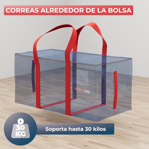 WRAPPYBAG lote de 4 bolsas grandes de almacenamiento de plástico - Bolsas XXL para mudanzas y viajes - Resistentes, gruesas e impermeables con asas reforzadas - Para ropa y ropa de cama - 75x36x38 cm