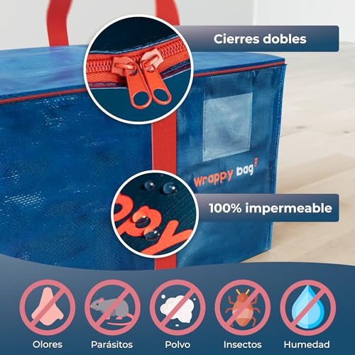 WRAPPYBAG lote de 4 bolsas grandes de almacenamiento de plástico - Bolsas XXL para mudanzas y viajes - Resistentes, gruesas e impermeables con asas reforzadas - Para ropa y ropa de cama - 75x36x38 cm