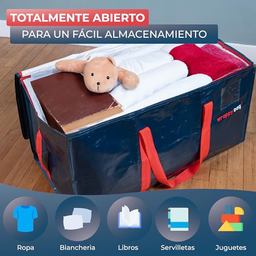 WRAPPYBAG lote de 4 bolsas grandes de almacenamiento de plástico - Bolsas XXL para mudanzas y viajes - Resistentes, gruesas e impermeables con asas reforzadas - Para ropa y ropa de cama - 75x36x38 cm