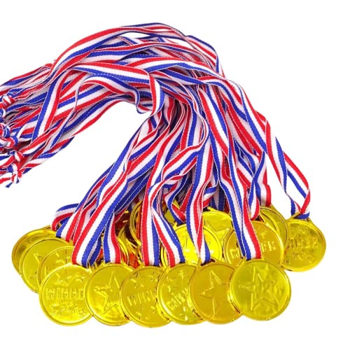 WUGU Medallas para Niños, 30 Piezas Medallas de Oro Ganadoras con Collar, Medallas de Plástico Niños Medalla de Oro para la Escuela, Día del Deporte, Regalo de Fiesta.