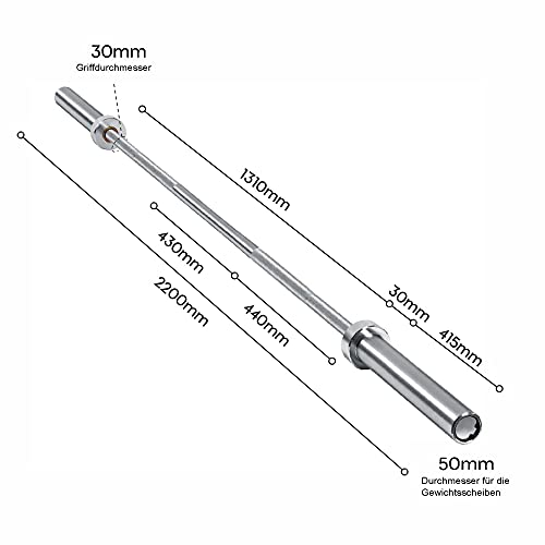 wuuhoo® set de barra y platos olímpicos Rick - 85kg en total, barra de 220cm incl. pesas de 65 KG, barra con peso propio de 20 KG - Diseño 1 sin soporte