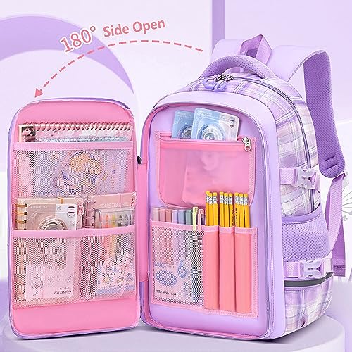 WYCY Mochila para Niñas Moda Refrigerador Puerta Mochila Escolar Gran Capacidad Kawaii Mochila Escolar con Lindos Colgantes de Unicornio y Mochila Impermeable para Niñas (cuadros morados)