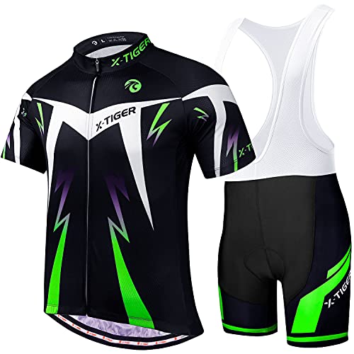 X-TIGER Ciclismo Maillots para Hombres con Tirantes Manga Corta Transpirable Secado Rápido con 5D Acolchado Gel Culotes Culotte Pantalones Cortos (verde,XL)