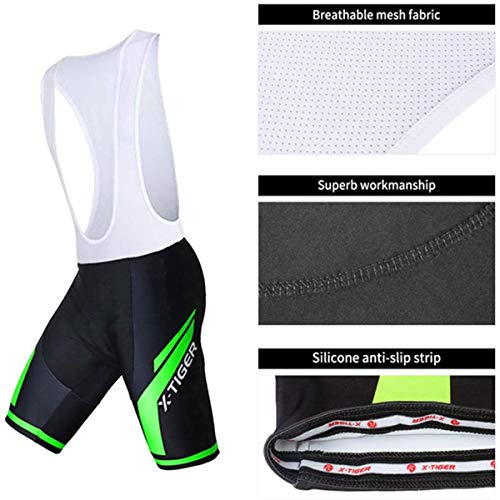 X-TIGER Ciclismo Maillots para Hombres con Tirantes Manga Corta Transpirable Secado Rápido con 5D Acolchado Gel Culotes Culotte Pantalones Cortos (verde,XL)