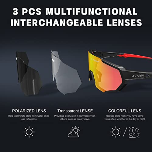 X-TIGER Gafas Ciclismo CE Certificación Polarizadas con 3 Lentes Intercambiables UV 400 Gafas,Corriendo,Moto MTB Bicicleta Montaña,Camping y Actividades al aire libre para Hombres y Mujeres TR-90