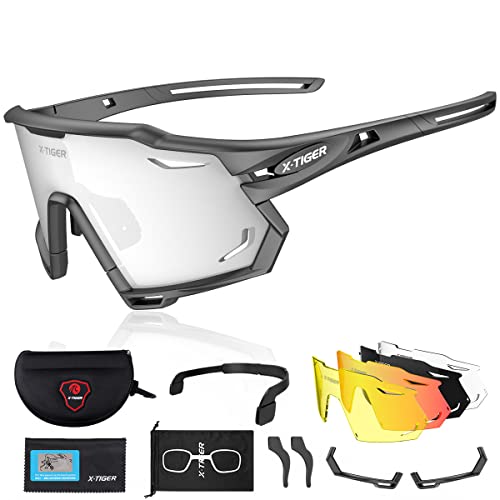 X-TIGER Gafas de Ciclismo con 5 Lentes Intercambiables Montura TR90 Gafas de Bicicleta, Moto MTB Bicicleta Carrera de béisbol, Escalada Deportes al aire libre Gafas