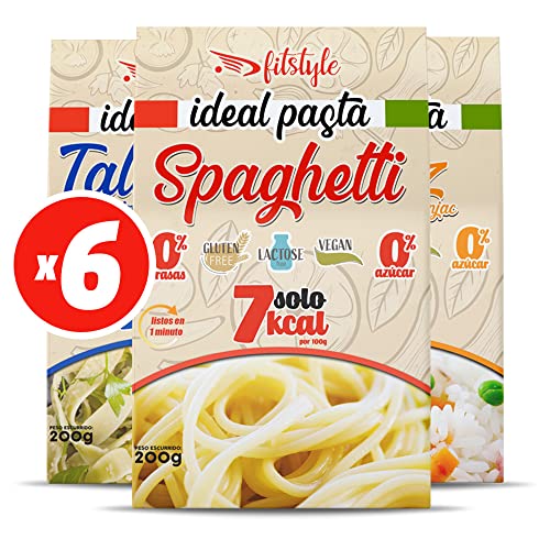 (x6) Pasta Konjac FITstyle | Konjac | Sin calorías | Saciante | Escurrir, aliñar y listo (2 x Espinacas - 2 x Tomate - 2 x Albahaca)