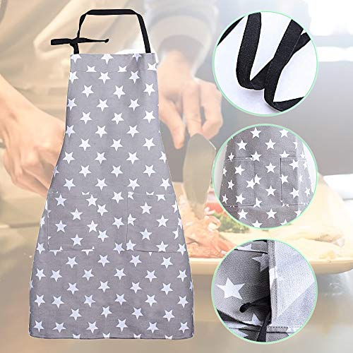 XCOZU Delantales de Cocina con Diseño de Estrella Gris para Mujeres, Delantal de Cocina de Lona de Algodón para Adultos, Delantales con Bolsillos para el Hogar, Cocina, Jardín, Restaurante, Cocina