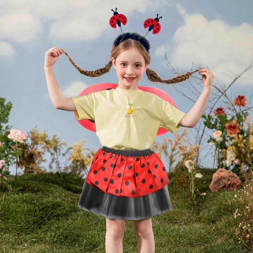 XEERUN Disfraz de mariquita, 4 piezas, disfraz de Ladybug para niña, falda de tul, alas, varita mágica y diadema para carnaval, cumpleaños, fiesta para vestido de ladybug para niños