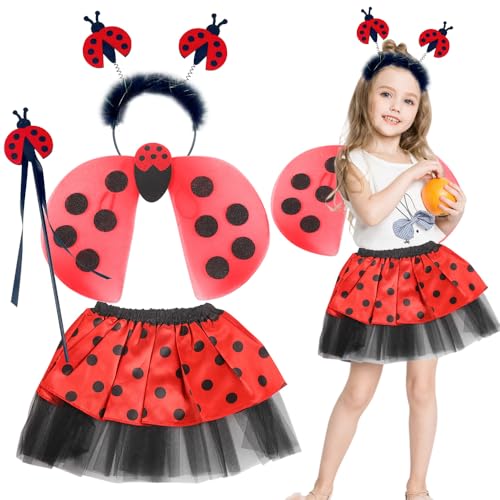 XEERUN Disfraz de mariquita, 4 piezas, disfraz de Ladybug para niña, falda de tul, alas, varita mágica y diadema para carnaval, cumpleaños, fiesta para vestido de ladybug para niños