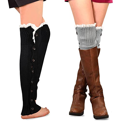 XEPST 2 Pares Calentadores de Piernas Para Mujer, Largo Calentadores de Tobillo de Invierno Ganchillo Cubierta para Botas, Calentadores Modernos Invernales para Yoga Baile Aerobi - Negro, Gris