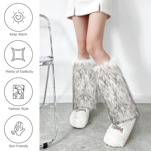 XEPST Calentadores de Piernas para Mujer, Piel Sintética Calentador de Piernas Puños Peludos Botas Cubiertas, Legwarmers Calentador de Pierna de Tobillo de Moda de Invierno (Negro+Blanco)