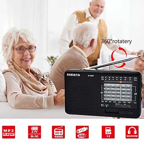 XHDATA D-328 Radio Portatil Pequeña Mini Portatil Radio Am FM SW con Reproductor de Tarjeta SD MP3 Transistores Radio Bateria Recargable Negro