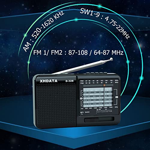 XHDATA D-328 Radio Portatil Pequeña Mini Portatil Radio Am FM SW con Reproductor de Tarjeta SD MP3 Transistores Radio Bateria Recargable Negro