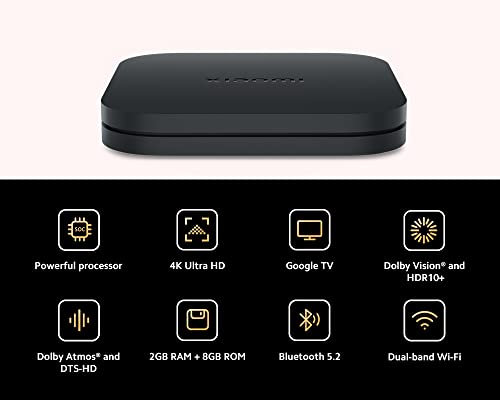 Xiaomi TV Box S (2nd Gen), 4K Ultra HD Streaming Media Player, 2GB RAM 8GB ROM Smart TV Box, Soporta Google TV, Dolby Vision, HDR10+, Dolby Atmos, DTS-HD, Wireless Projection, Dualband-WLAN, Negro