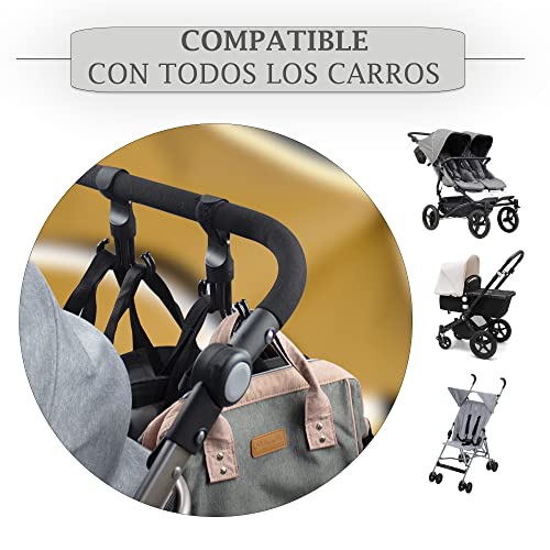 XILMARK Gancho Carro Bebe Universal, Mosqueton Carro Bebe, Ganchos Carrito Bebe, Colgador bolsa Carro, Soporte Bolsa Carro Bebe, Arnes carro bebe, Cuelga bolsas, Ganchos Carro Gemelar PACK 2 Unds.