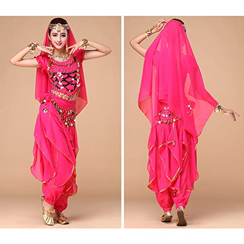 Xinvivion Mujer Danza del Vientre Set - Halloween Carnaval Ropa de Baile Danza India Disfraz Dancewear (Rosa roja,Ajuste 35-45 KG)